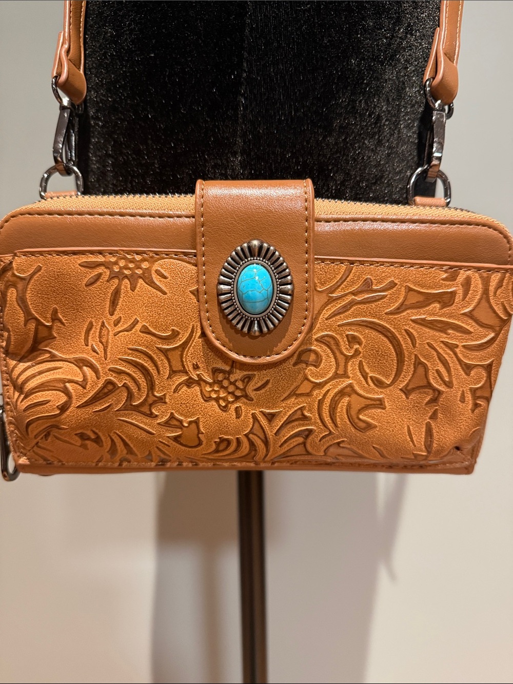 Women's Tan Tooled Crossbody Bag with Turquoise Accent